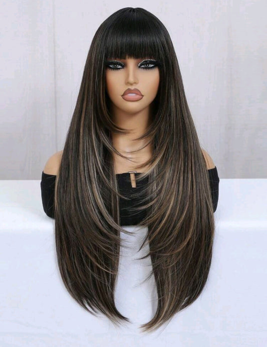 30-inches Highlight Black Straight Hair Wig