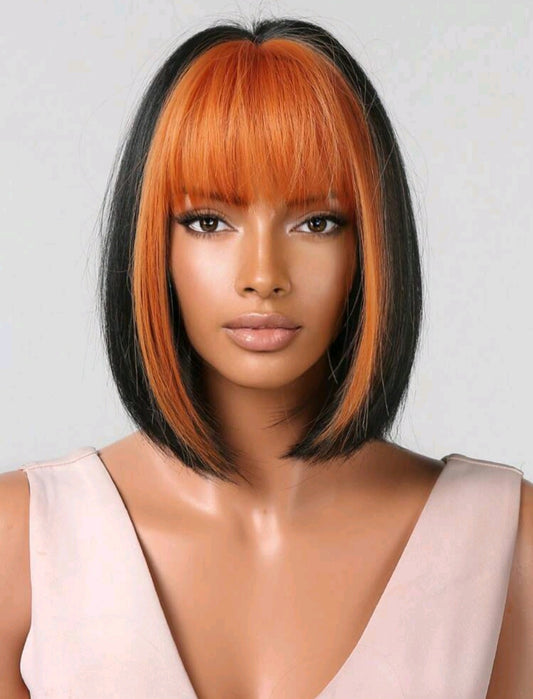 LydiaMFashions Orange Black Straight Bob Wig